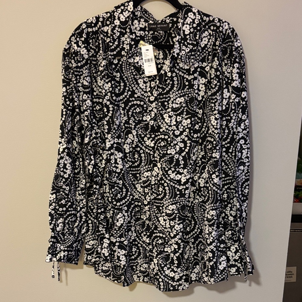 Lane Bryant Black and Cream Floral Button Down Shirt